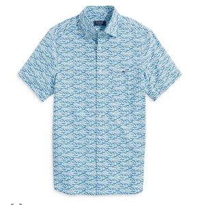 Vineyard Vines NWT Boys Short Sleeve Shirt in Crystal Blue Fish Print Large 16